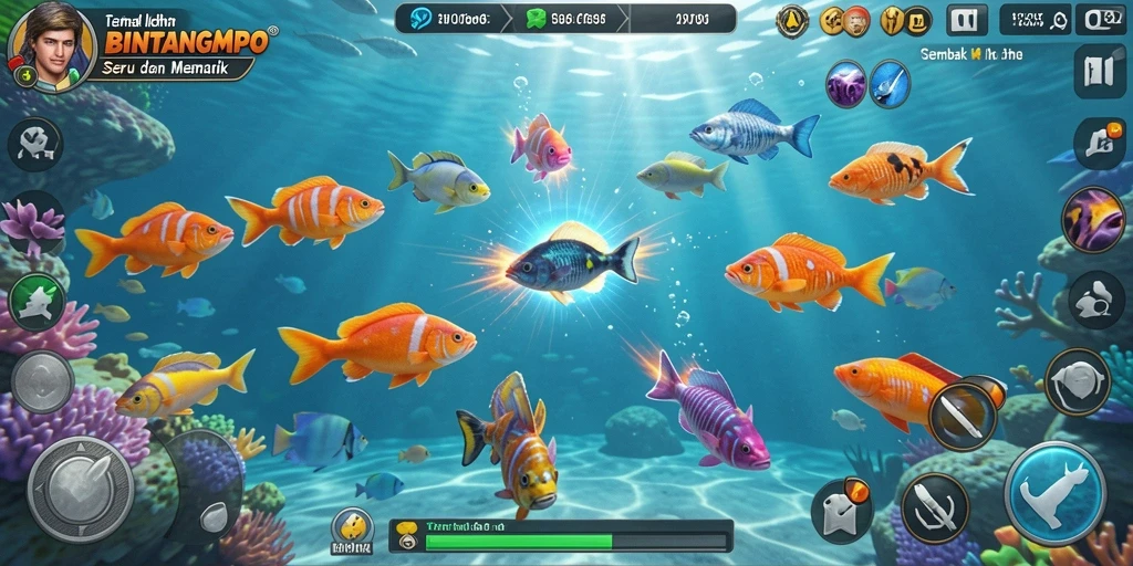 Tangkapan layar gameplay BINTANGMPO menunjukkan aksi menembak ikan yang mendebarkan.