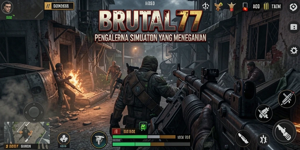 Screenshot gameplay BRUTAL77 menampilkan elemen simulasi yang mendalam.