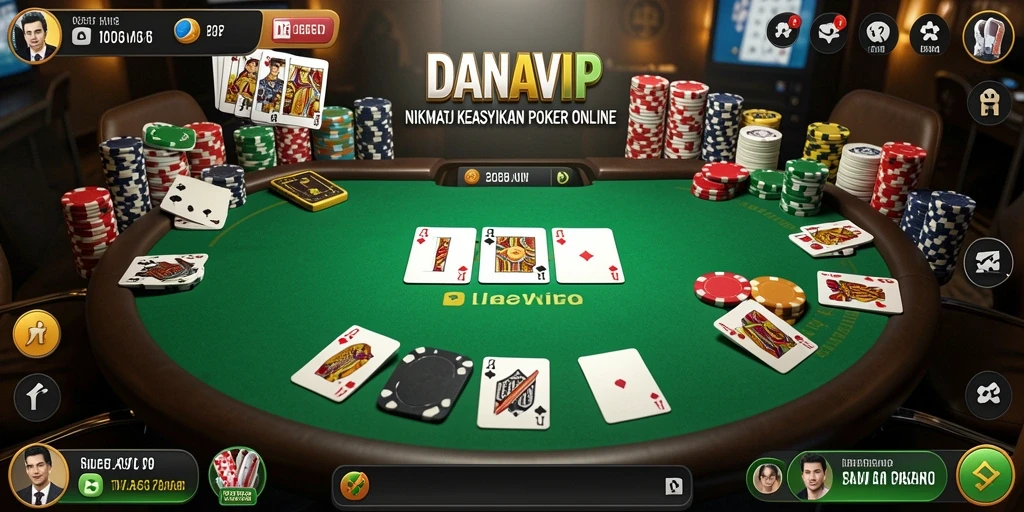 Tampilan gameplay seru dari DANAVIP dengan pemain berkompetisi di meja poker.