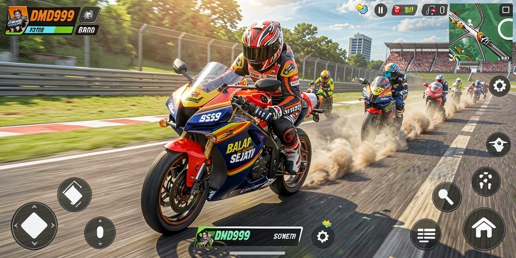 Screenshot DMD999 menampilkan balapan motor yang mendebarkan dengan grafis memukau.