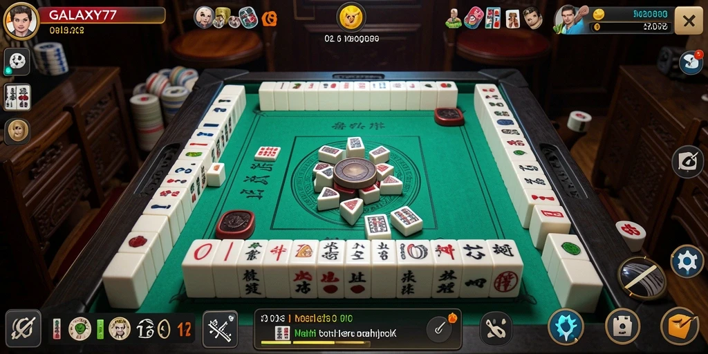 Screenshot gameplay GALAXY77 menampilkan suasana permainan Mahjong yang seru.