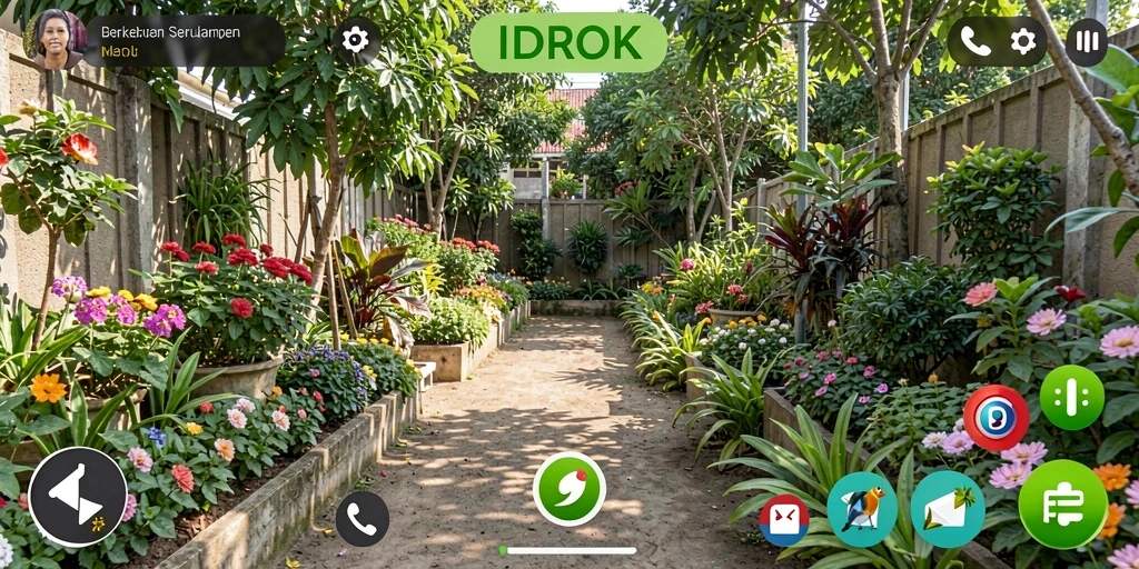 Tampilan gameplay IDROK dengan kebun yang subur dan hewan ternak.