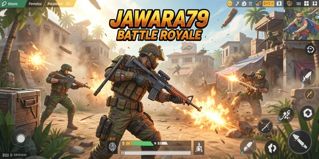 Tampilan gameplay menegangkan di JAWARA79 saat bertarung di arena.