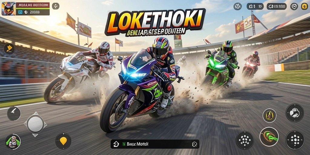Tangkapan layar gameplay LOKETHOKI dengan aksi balap motor yang mendebarkan.