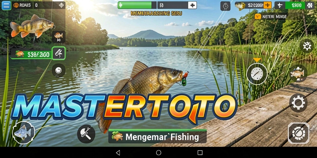 Tampilan layar permainan MASTERTOTO yang menunjukkan aksi memancing yang seru.