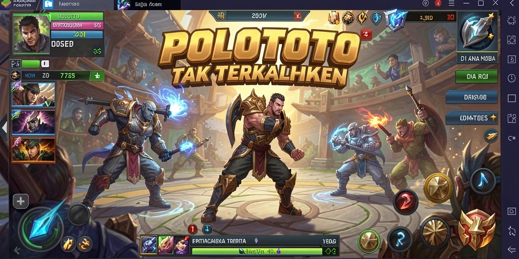 Tampilan gameplay seru dalam POLOTOTO dengan pertarungan MOBA yang mendebarkan.